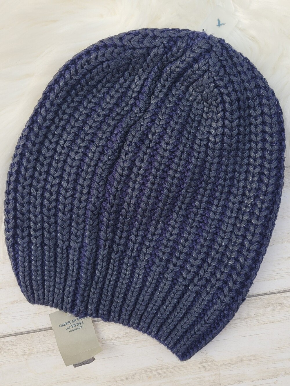 American Eagle Slouchy Chunky Rib Knit Beanie Hat Navy Blue Metallic Finish NWT